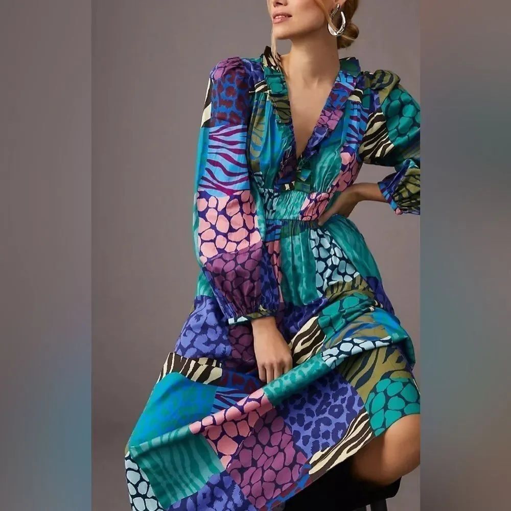 Anthropologie Geisha Designs Long-Sleeve Printed Maxi Dress Size Small - Picture 3 of 8